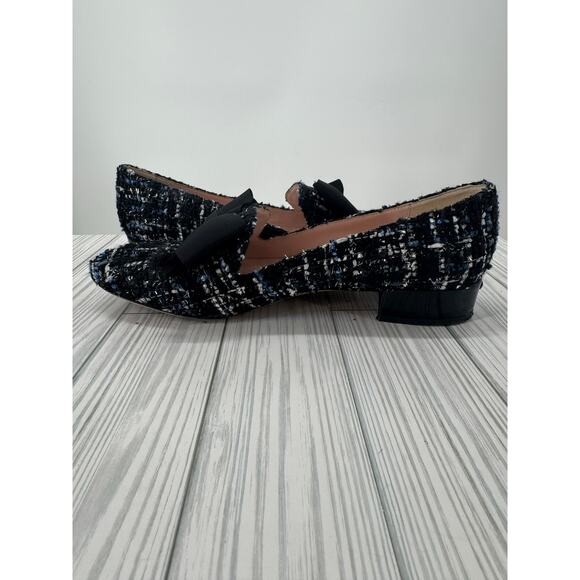 Kate Spade Blue Gino Tuxedo Tweed Loafer Heels Women’s 8M Black Bow Chunky Heel - Picture 5 of 10